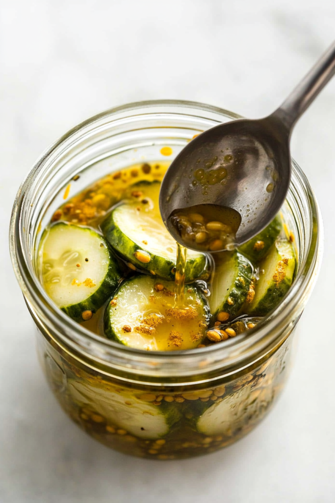 This image shows a person slowly pouring hot vinegar brine into a jar filled with cucumbers and onions, ensuring that all the vegetables are fully submerged for proper pickling.