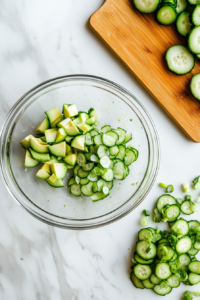 This image shows freshly sliced cucumbers, diced avocado, and chopped green onions, ready to be combined into a light and nutritious cucumber avocado salad.