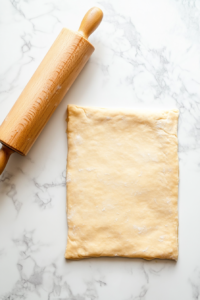 This image shows a rolling pin smoothing out puff pastry dough to an even thickness, ensuring light and flaky layers for the cheese Danish.