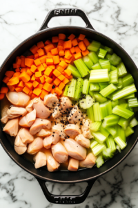 This image shows a large pot filled with raw chicken, freshly chopped carrots, celery, and seasonings, ready to be simmered together to create a rich and flavorful homemade broth.