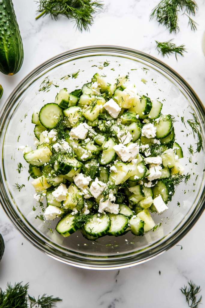 This image shows the completed cucumber feta salad, served immediately in a bowl, looking fresh and appetizing with its vibrant ingredients and tangy dressing.