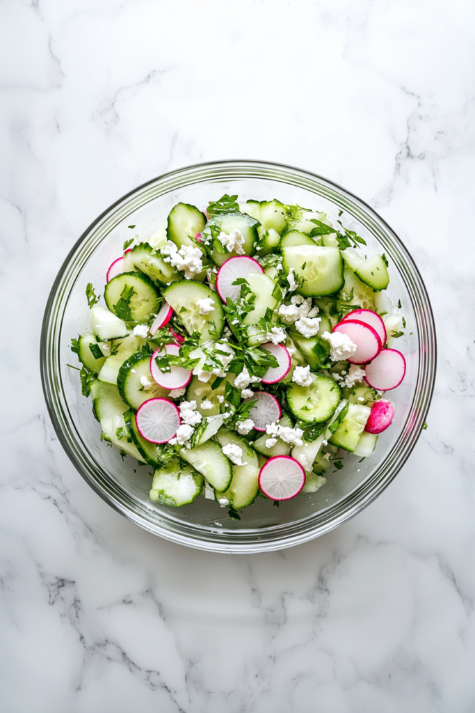 This image shows the completed cucumber radish salad, served in a bowl, looking vibrant and delicious, ready to be enjoyed.