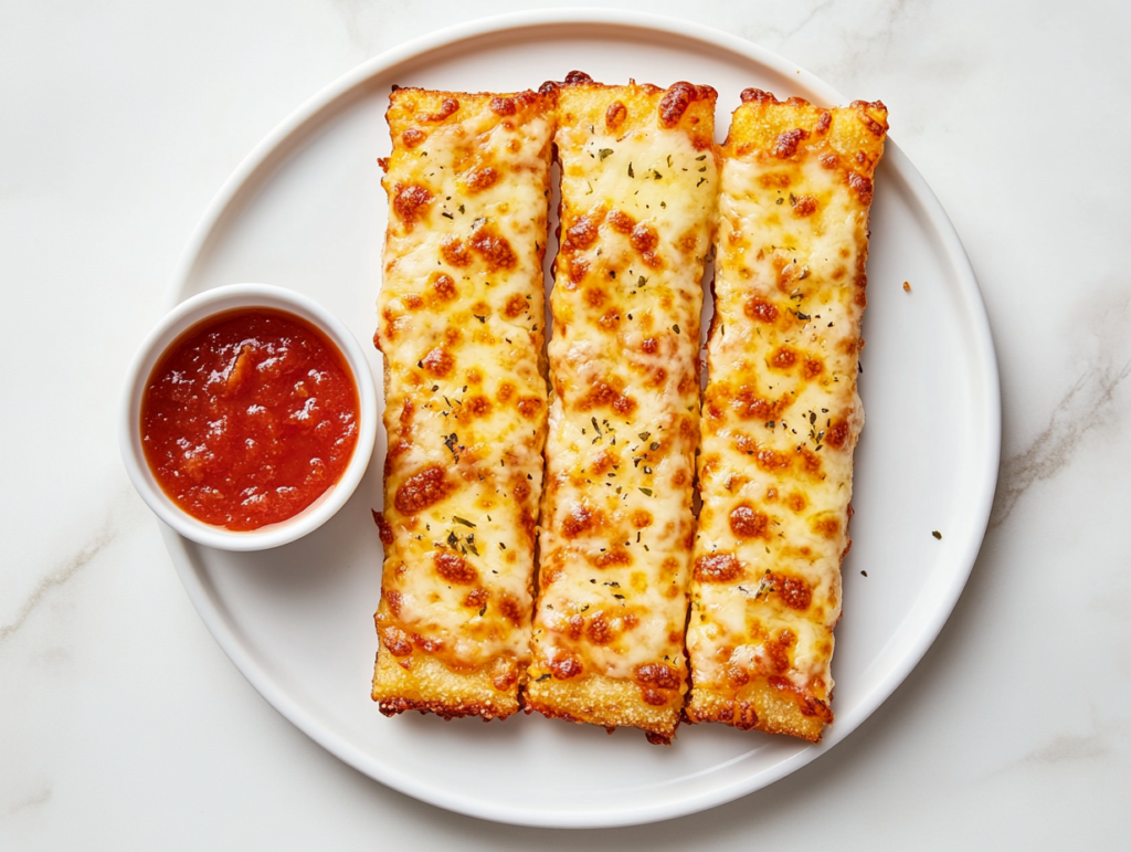This image shows golden-brown rectangular Pizza Hut cheese sticks served on a round white plate, with melted cheesy goodness and a small bowl of marinara sauce on the side for dipping.