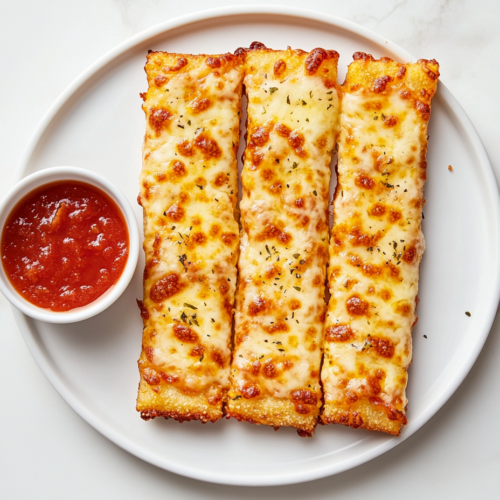 This image shows golden-brown rectangular Pizza Hut cheese sticks served on a round white plate, with melted cheesy goodness and a small bowl of marinara sauce on the side for dipping.