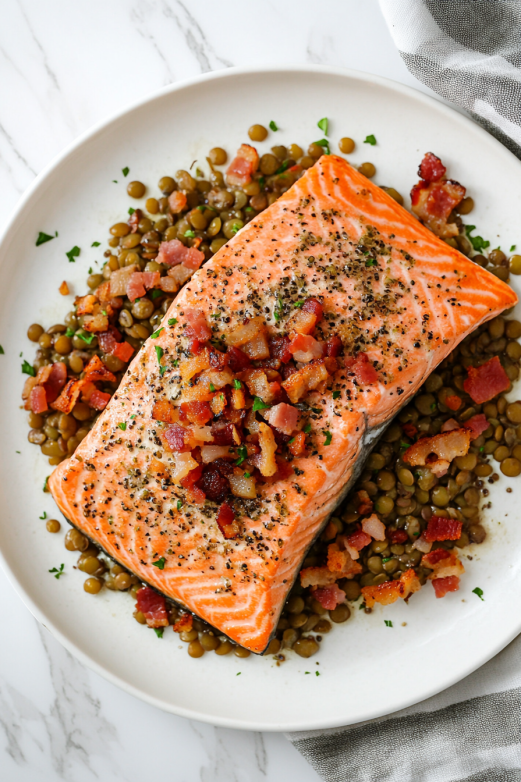 roasted-salmon-with-lentils-and-bacon