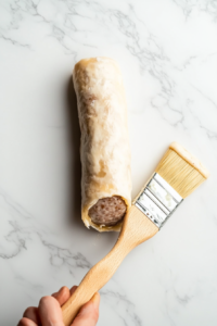 This image shows a sheet of puff pastry being carefully wrapped around a sausage log, ensuring a tight roll.