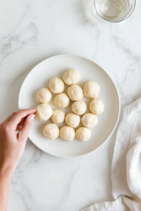 This image shows the dough being divided into small portions and rolled into smooth, round balls for uniform frying.