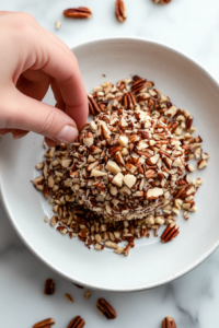 This image shows a cheese ball being coated with finely chopped pecans, adding a crunchy texture and nutty flavor to the appetizer.