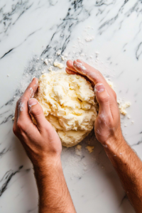 This image shows hands carefully shaping the cheese mixture into a smooth, round ball, ensuring an even texture for coating.