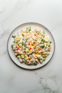 This image shows the final presentation of Russian Crab Salad, beautifully garnished with fresh herbs, served on a white plate, and ready to be enjoyed as a delicious and creamy seafood dish.