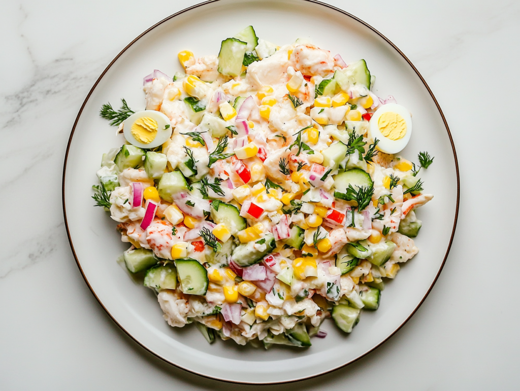 This image shows a beautifully presented Russian Crab Salad on a round white plate, featuring tender chunks of crab, diced onions, zucchini, and eggs, all tossed in a rich and creamy dressing for a delicious and refreshing dish.