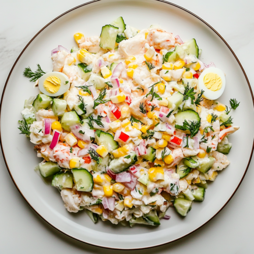 This image shows a beautifully presented Russian Crab Salad on a round white plate, featuring tender chunks of crab, diced onions, zucchini, and eggs, all tossed in a rich and creamy dressing for a delicious and refreshing dish.