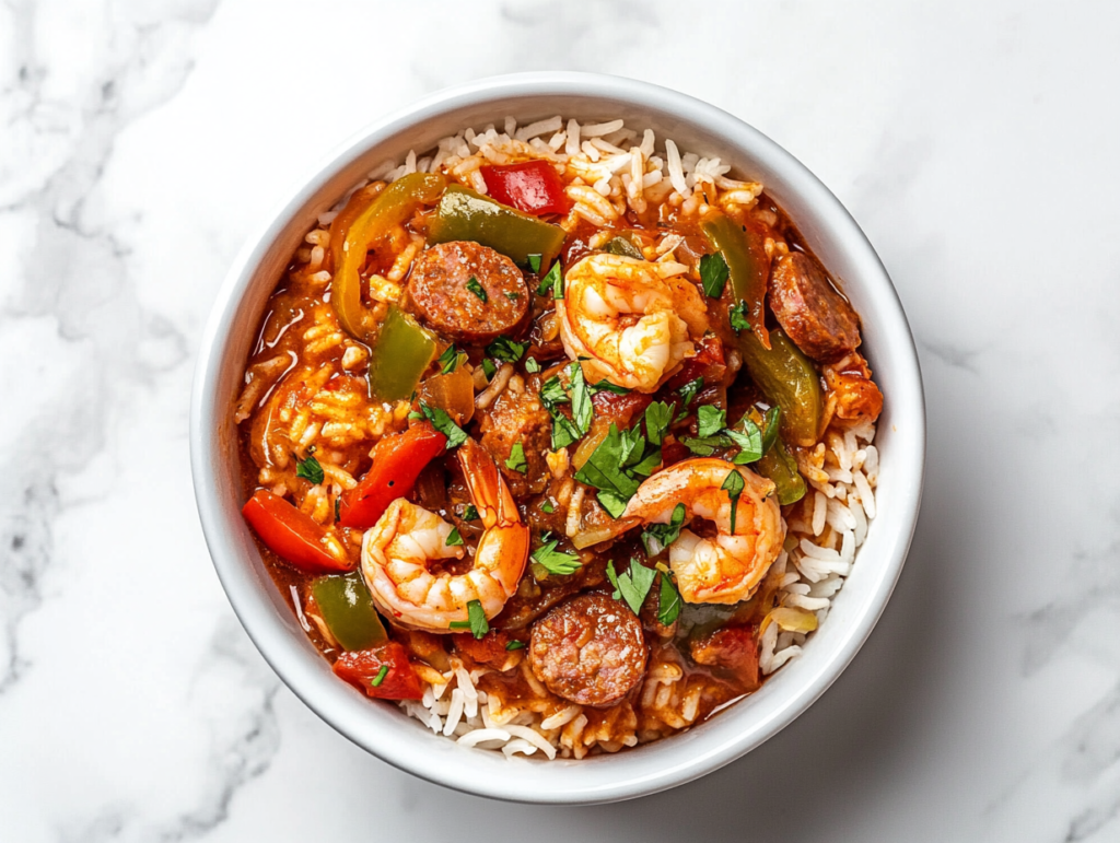 sausage-jambalaya-in-a-white-bowl-with-rice-shrimp-and-bell-peppers