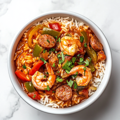 sausage-jambalaya-in-a-white-bowl-with-rice-shrimp-and-bell-peppers