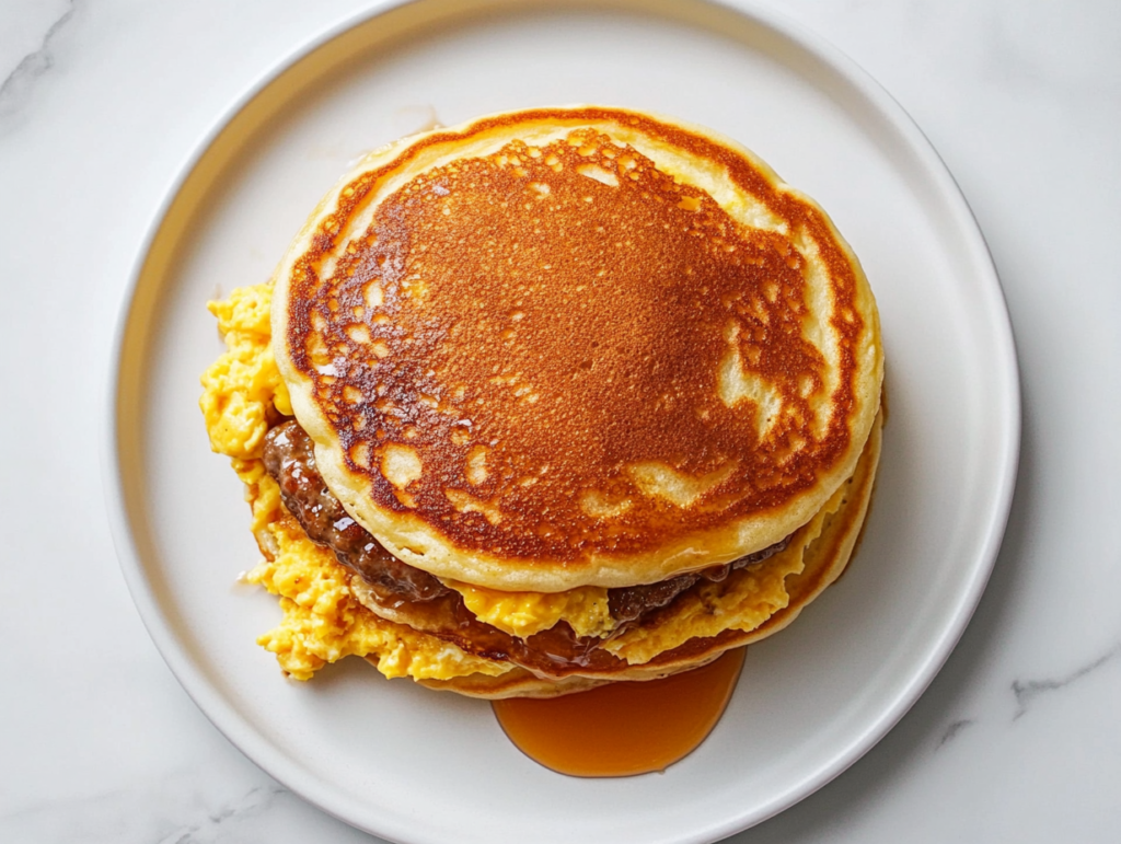 sausage-mcgriddle-sandwich-with-sausage-between-pancakes-drizzled-with-maple-syrup