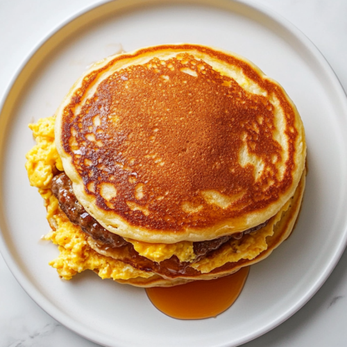 sausage-mcgriddle-sandwich-with-sausage-between-pancakes-drizzled-with-maple-syrup