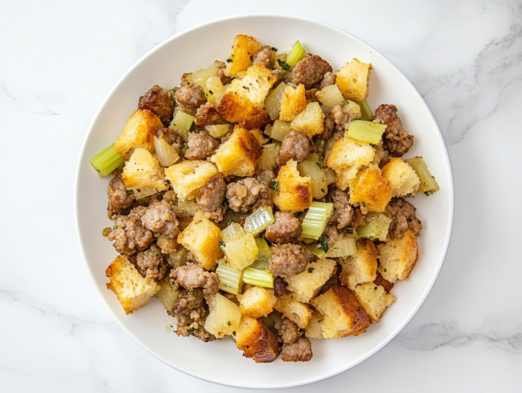 sausage-stuffing-on-white-plate-with-veggies-and-crispy-sausage