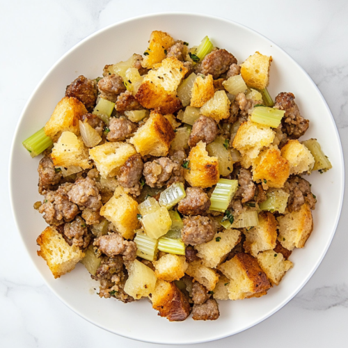 sausage-stuffing-on-white-plate-with-veggies-and-crispy-sausage