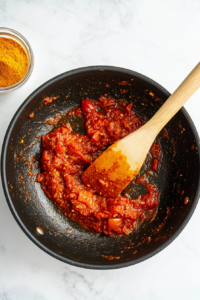 This image shows the curry base being cooked until the oil separates, a sign that the spices and ingredients have blended perfectly into a rich, flavorful masala.