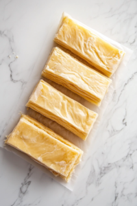 This image shows puff pastry sheets being carefully separated on a flat surface, ensuring they are ready for rolling.