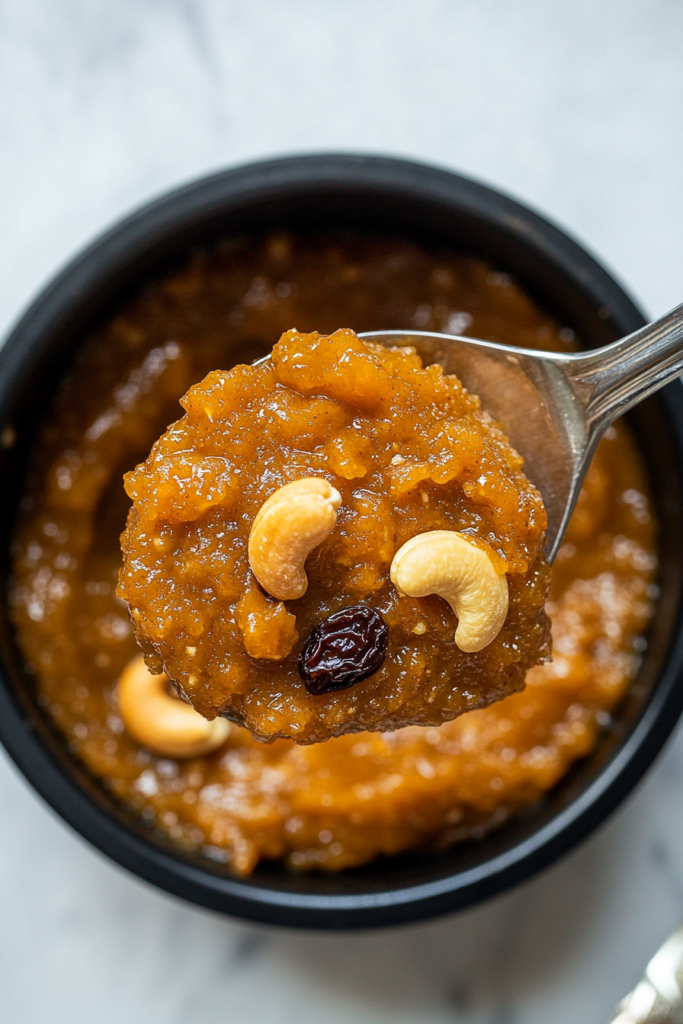 This image shows the finished Sooji Halwa being served in a bowl, garnished with cashews and raisins, ready to be enjoyed as a delightful dessert.