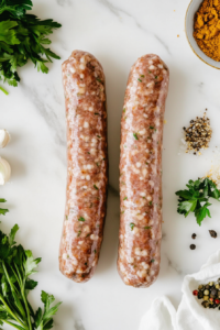 This image shows hands shaping the sausage mixture into uniform logs on a flat surface, preparing them for wrapping.