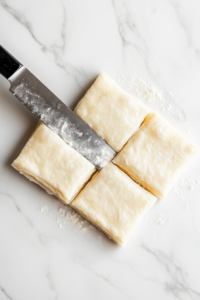 This image shows puff pastry being cut into uniform squares, preparing them for shaping and filling in the next steps.