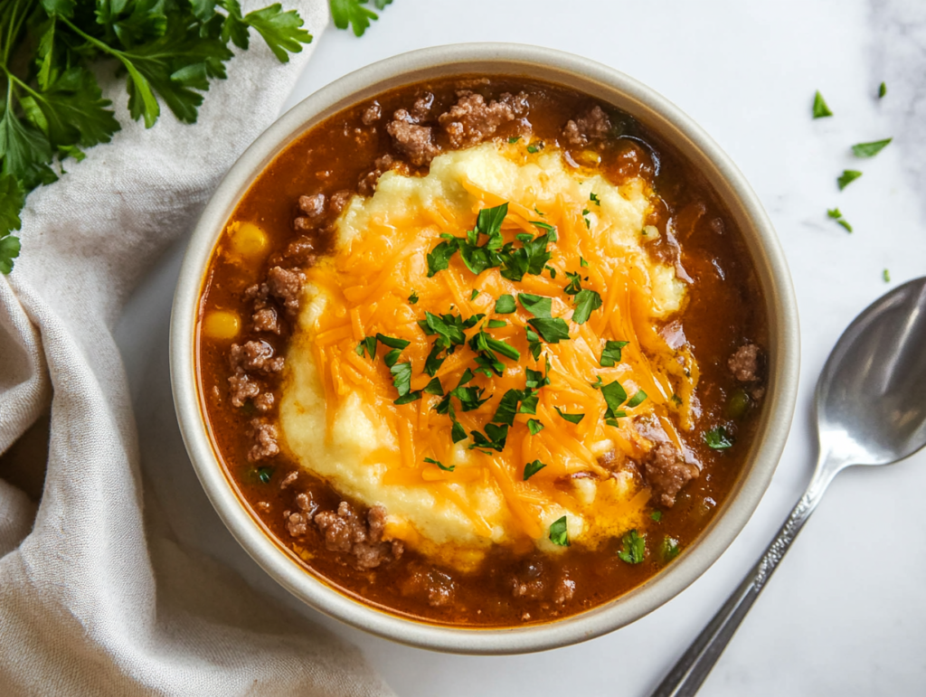 This image shows a comforting bowl of Shepherd’s Pie Soup served in a white bowl, garnished with fresh parsley and extra melted cheddar cheese, creating a warm and hearty dish.