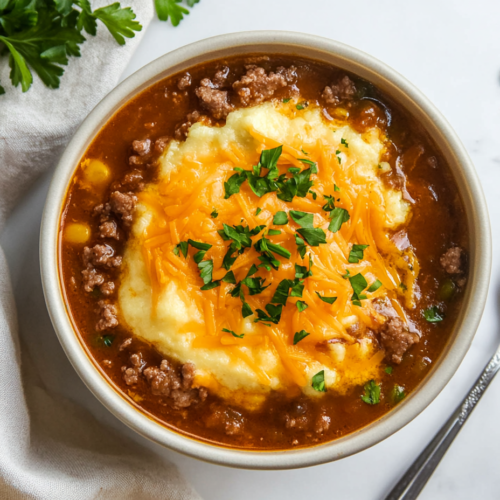 This image shows a comforting bowl of Shepherd’s Pie Soup served in a white bowl, garnished with fresh parsley and extra melted cheddar cheese, creating a warm and hearty dish.