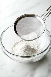 This image shows flour and mixed spice being sifted into the dough mixture, ensuring a light and aromatic texture for the soul cakes.