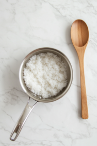 This image shows a saucepan of freshly cooked white rice resting, allowing the grains to fully absorb moisture for the perfect fluffy texture.
