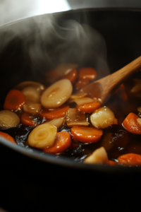 This image shows vibrant orange carrot slices, golden-brown onions, and fresh ginger pieces being seared in a pot, enhancing the depth of the soup’s flavor.