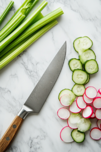 This image shows the process of slicing cucumbers and radishes, and chopping celery, preparing the ingredients for a fresh and crunchy cucumber radish salad.
