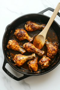 This image shows marinated chicken simmering in a pot with fragrant spices, allowing the meat to absorb the deep, rich flavors before being layered into the Chicken Dum Biryani.