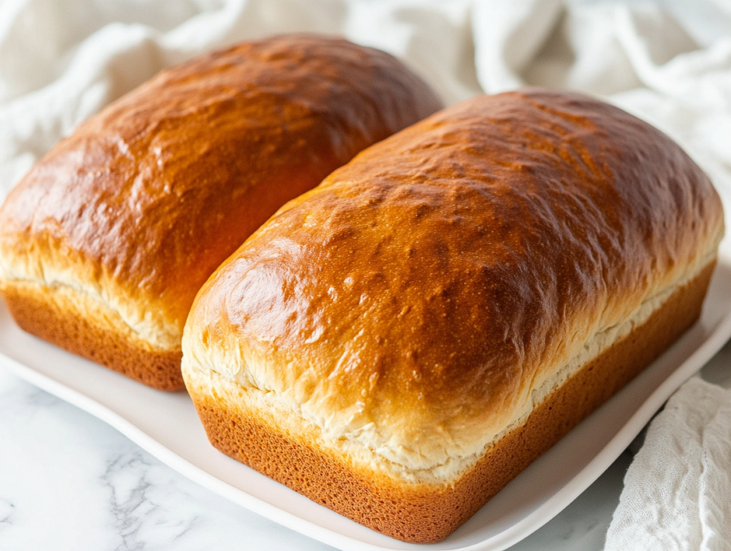This image shows two soft, golden-brown loaves of sweet Amish bread, perfectly baked and placed on a white plate, ready to be sliced and enjoyed.