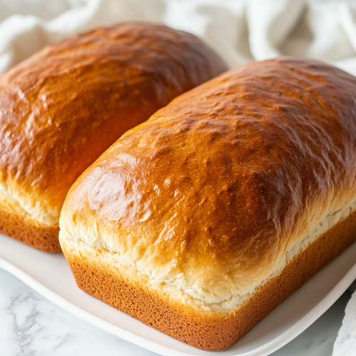 This image shows two soft, golden-brown loaves of sweet Amish bread, perfectly baked and placed on a white plate, ready to be sliced and enjoyed.