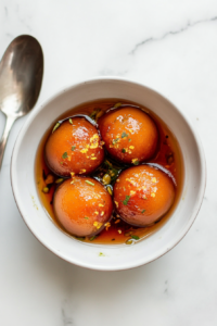 This image shows the final Gulab Jamuns served in a bowl, fully soaked in sugar syrup, ready to be enjoyed as a delicious Indian sweet.