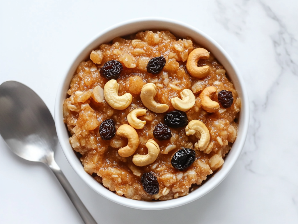 sooji-halwa-served-in-a-white-bowl-garnished-with-raisins-and-cashews