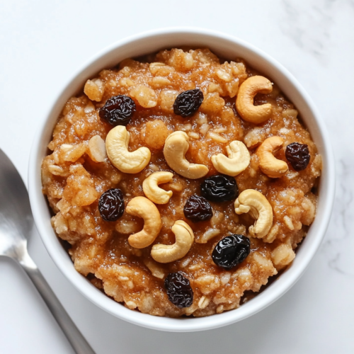 sooji-halwa-served-in-a-white-bowl-garnished-with-raisins-and-cashews