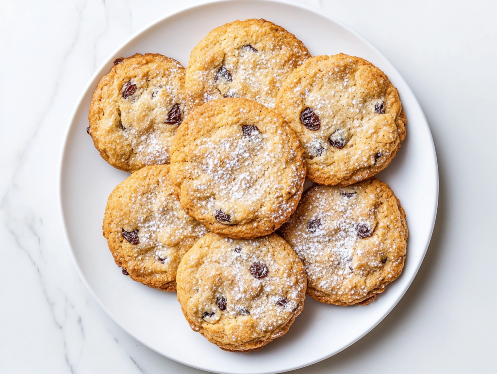 This image shows a beautifully plated soul cake on a white round plate, topped with a light dusting of powdered sugar, accompanied by brown resin-infused cookies, showcasing an elegant and indulgent dessert presentation.