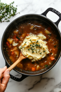 This image shows mashed potatoes being stirred into the soup, blending seamlessly with the broth to create a thick, velvety, and rich texture in the Shepherd’s Pie Soup.