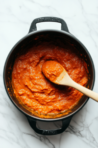 This image shows tomato paste and fresh tomato pulp being added to the pan, giving the Goan Fish Curry a tangy depth and vibrant color.