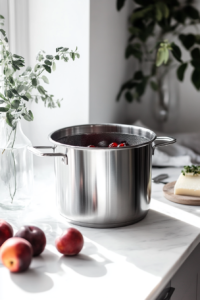 This image shows the Kompot being strained to remove the fruit or leaving the fruit in for a heartier version of the drink, ready to be served.