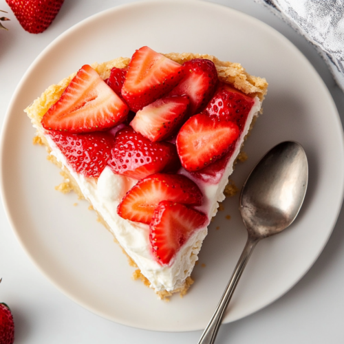 strawberry-delight-triangle-slice-on-white-plate-with-strawberry-layer-and-spoon