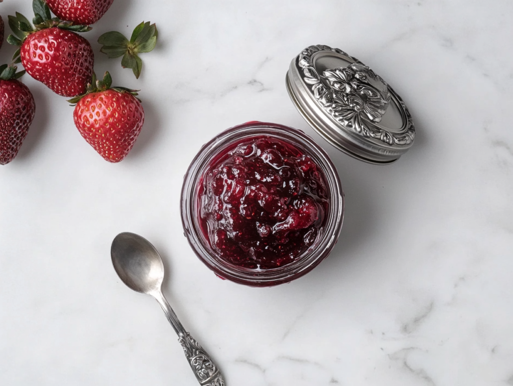 strawberry-jam-in-a-glass-jar-on-marble-with-fresh-berries