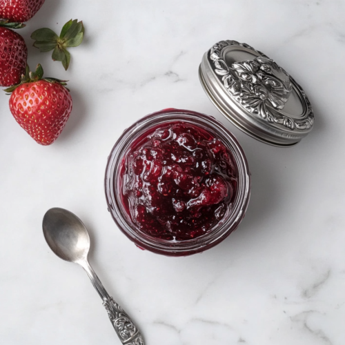 strawberry-jam-in-a-glass-jar-on-marble-with-fresh-berries