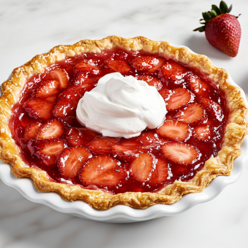 : A beautifully baked strawberry pie with a golden, crispy crust, filled with fresh strawberry pieces, and topped with a swirl of whipped cream.