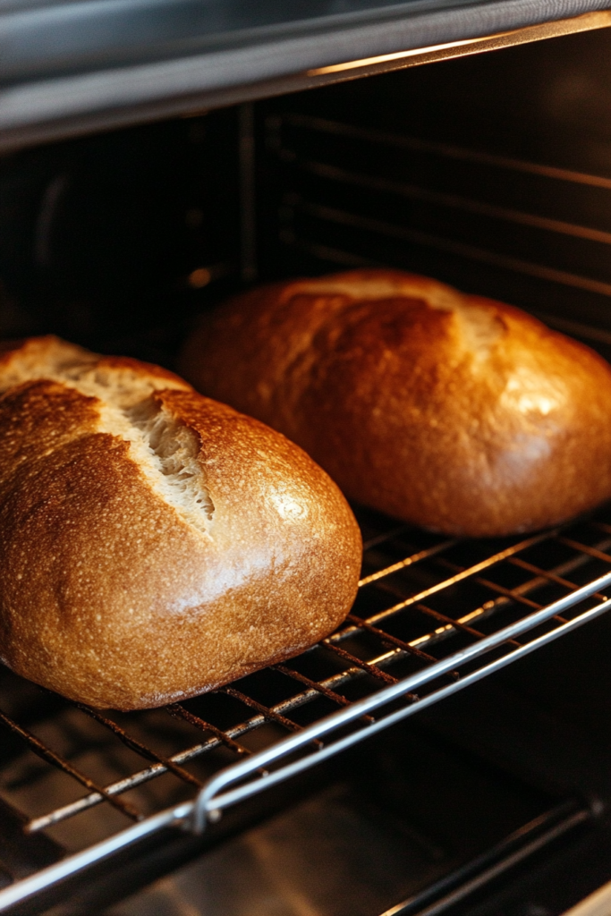 This image shows sweet Amish bread loaves baking in the oven, turning golden brown with a soft, perfectly baked texture.