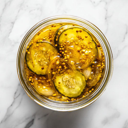 This image shows a glass jar filled with homemade sweet pickles, featuring sliced cucumbers and onions fully submerged in brine water, ready to develop their signature tangy-sweet flavor.