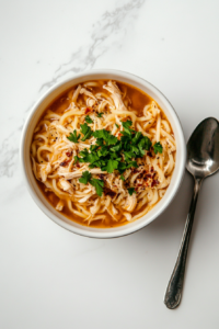top-down-view-of-a-white-ceramic-bowl-filled-with-old-fashioned-chicken-and-noodles-placed-on-a-white-marble-countertop